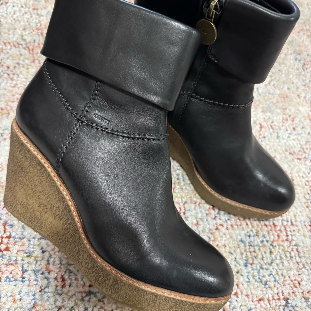 Geox Black Leather Wedge Boots